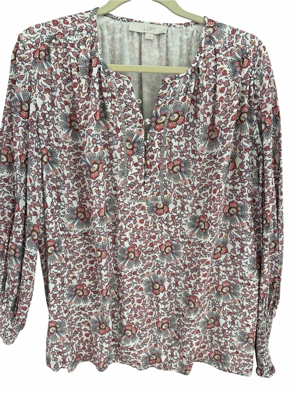 LOFT Floral Split-Neck Peasant Blouse Boho Top Red Pink Size XL